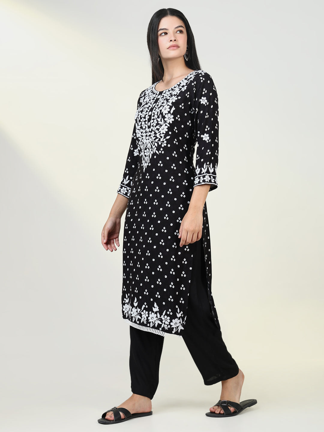 Women's Bandhani Black Chikankari Kurta