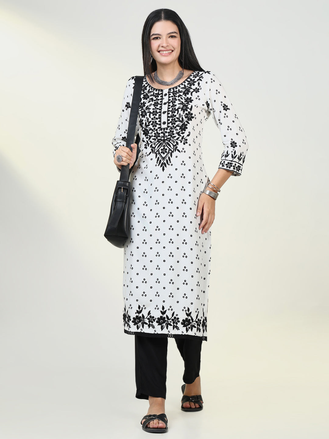 Women's Bandhani White Chikankari Kurta