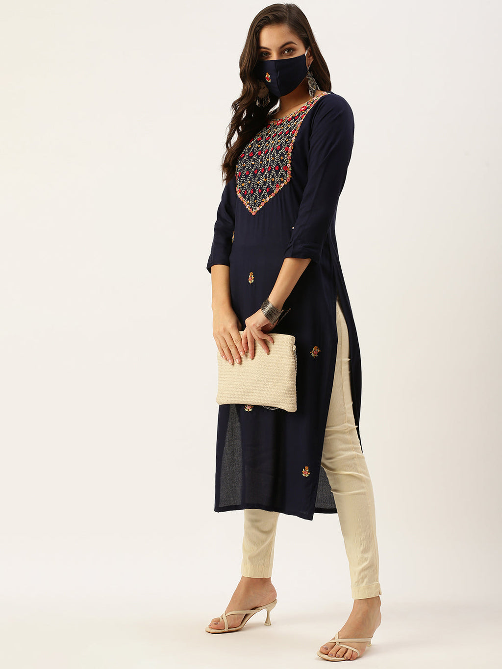 Women's Embroidered Navy blue Straight Kurta