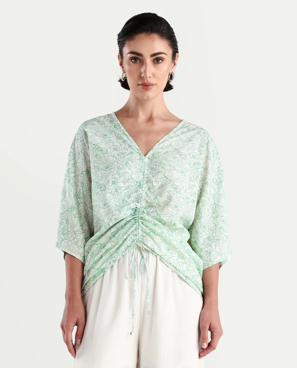 Rareism Women's Sepio-T Light Green Viscose V-Neck Floral Print Extended Sleeves Relaxed Fit Top