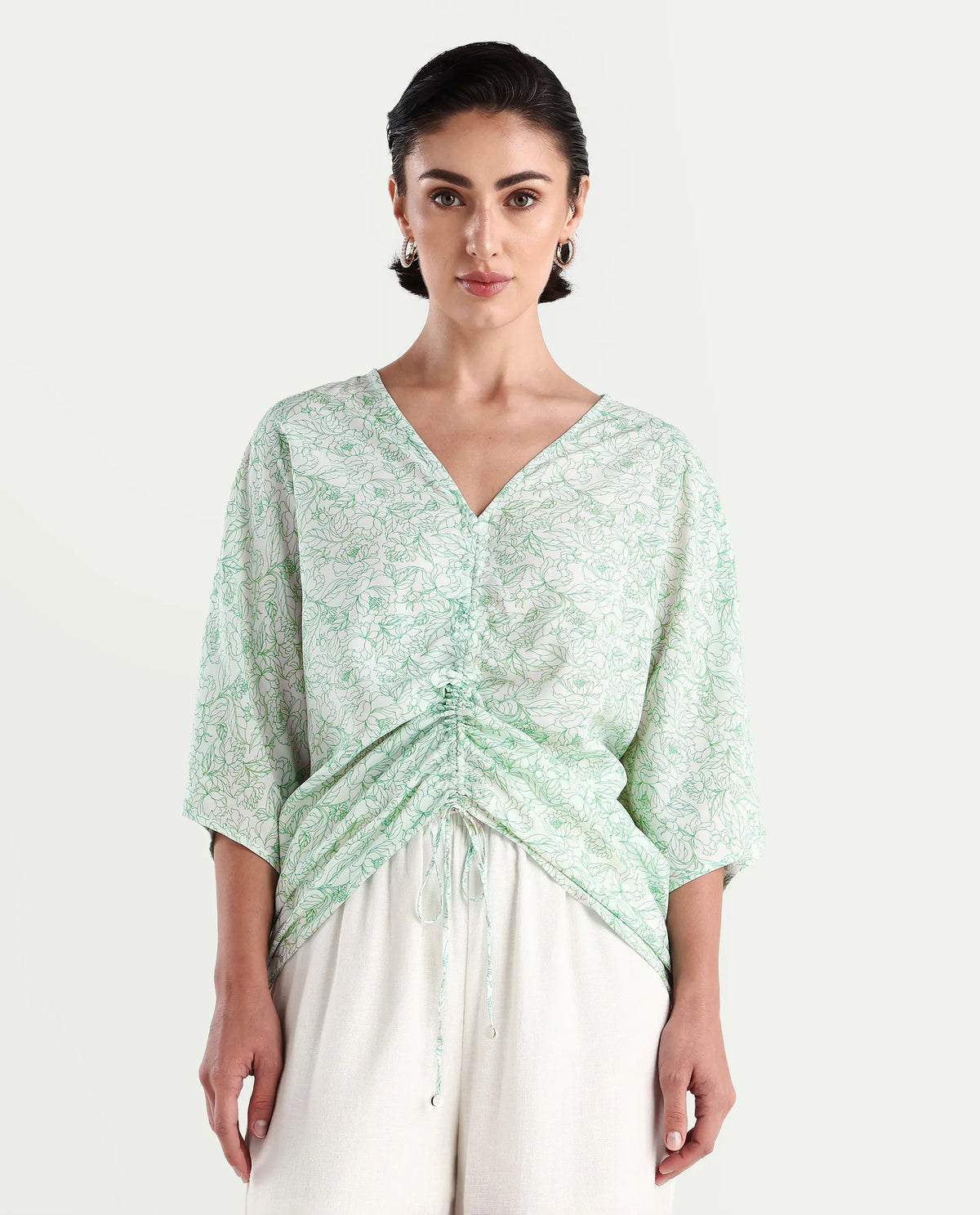Rareism Women's Sepio-T Light Green Viscose V-Neck Floral Print Extended Sleeves Relaxed Fit Top