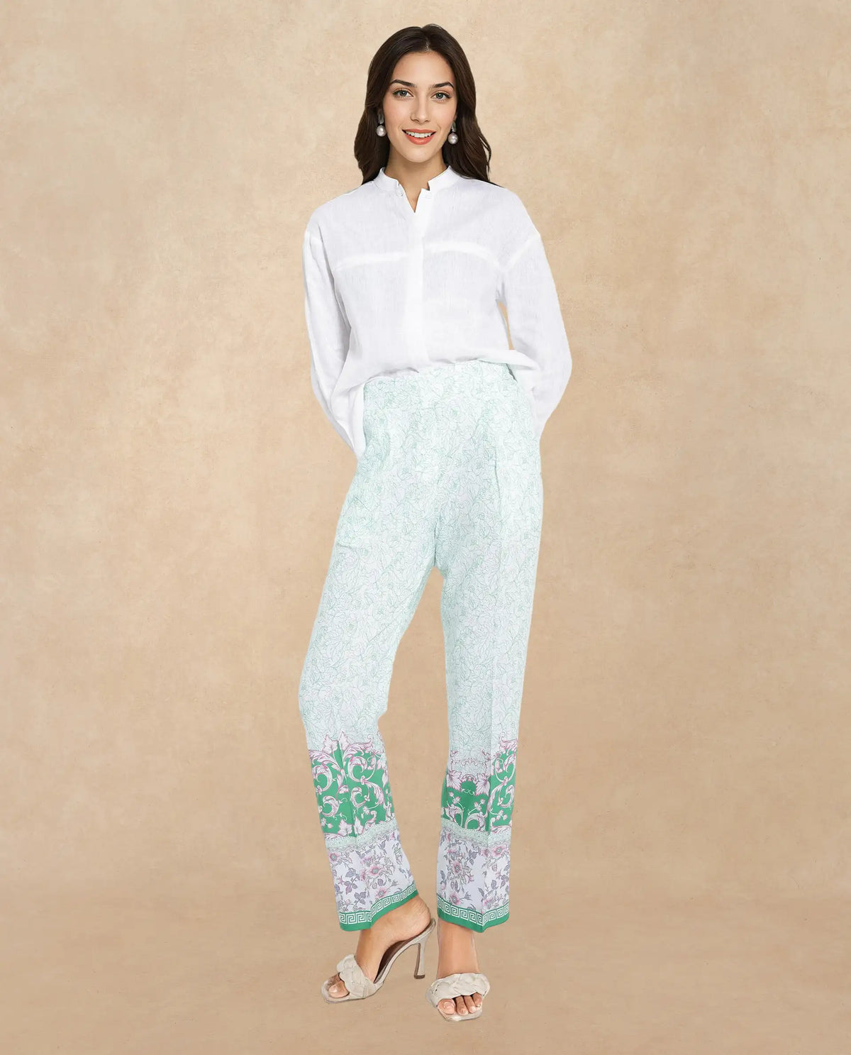Rareism Women's Sepio-B Light Green Viscose Abstract Print Ankle Length Straight Fit Trouser