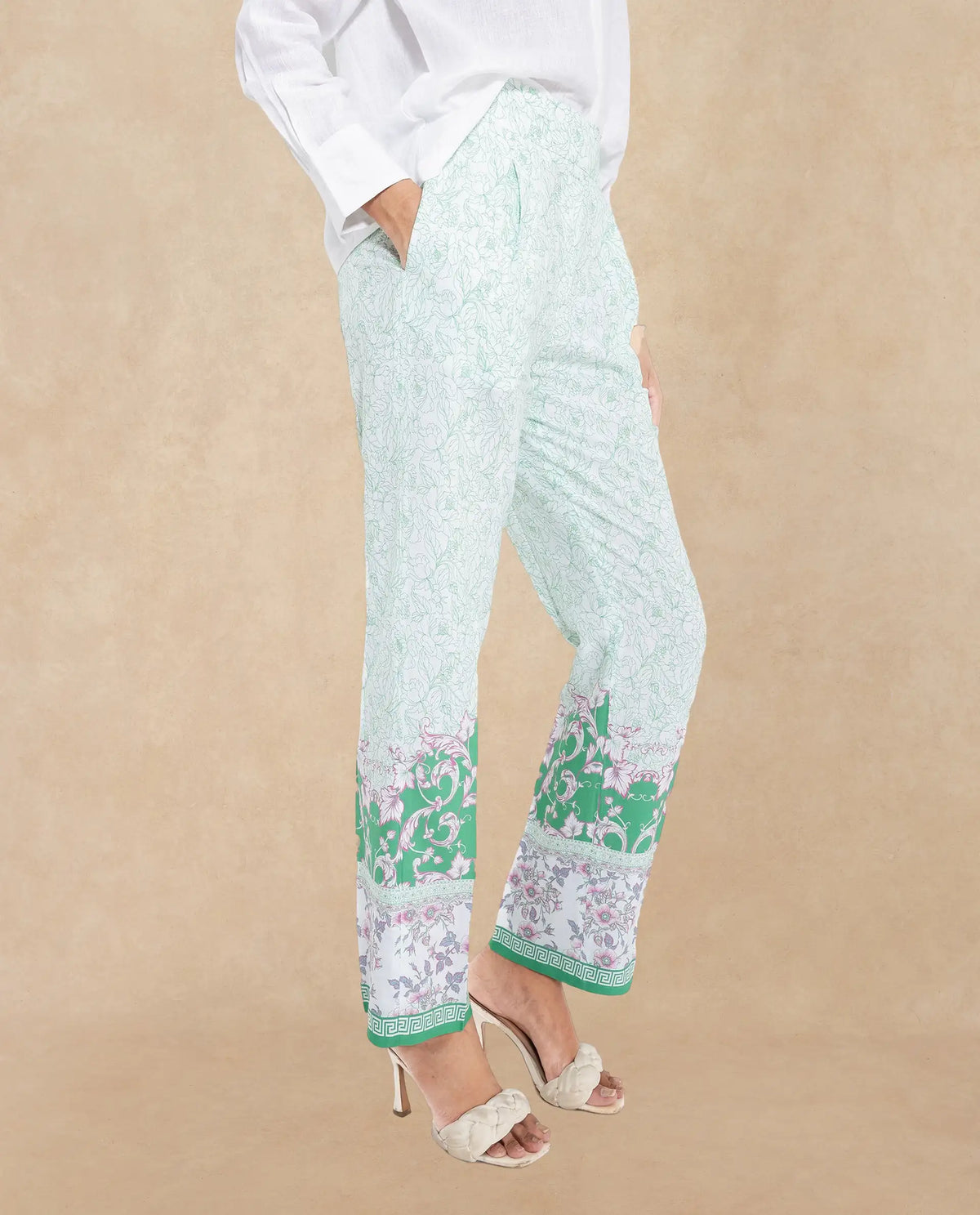 Rareism Women's Sepio-B Light Green Viscose Abstract Print Ankle Length Straight Fit Trouser