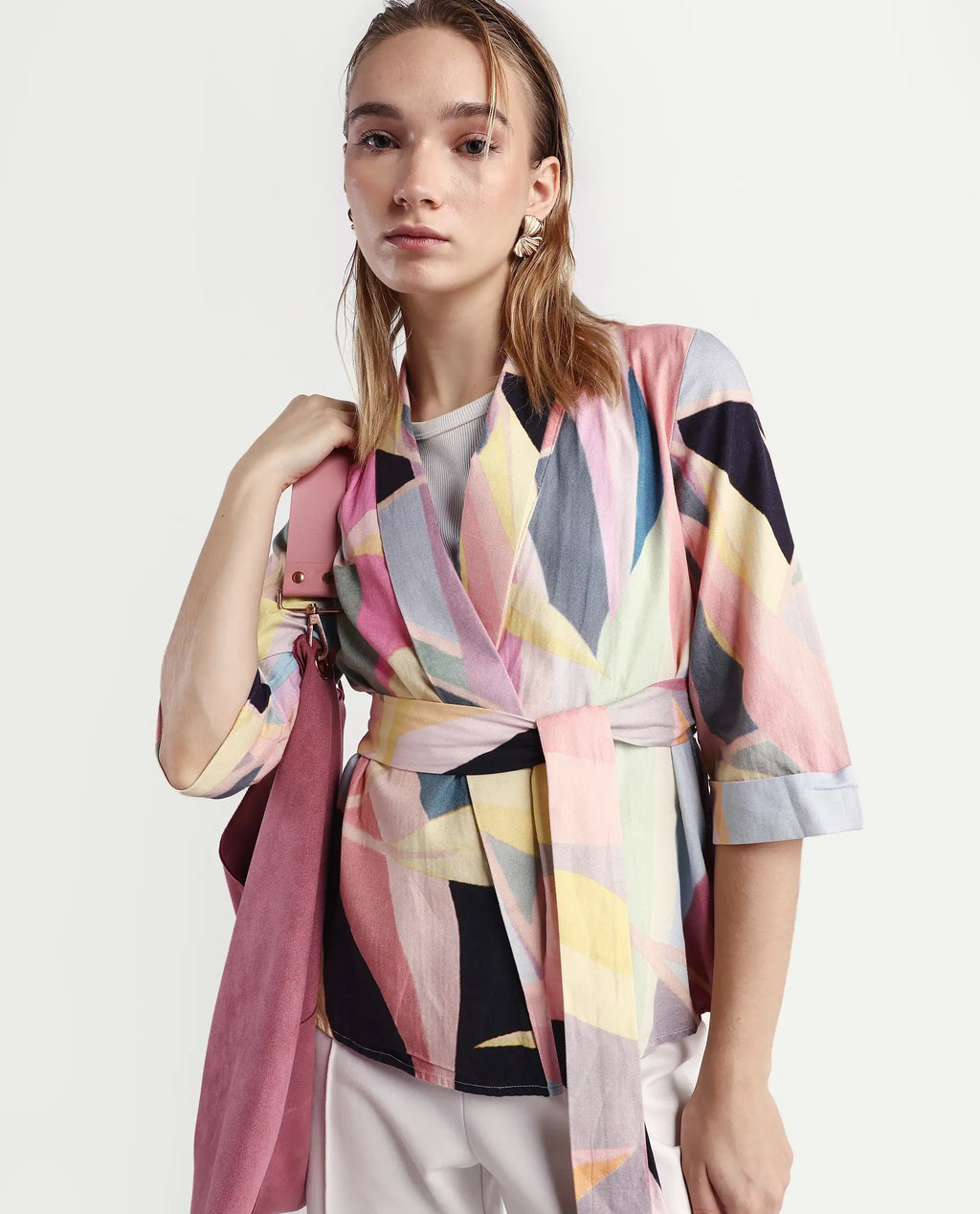 Rareism Women's Sezam Pink Cotton Shawl Neck Regular Fit Outer Wear