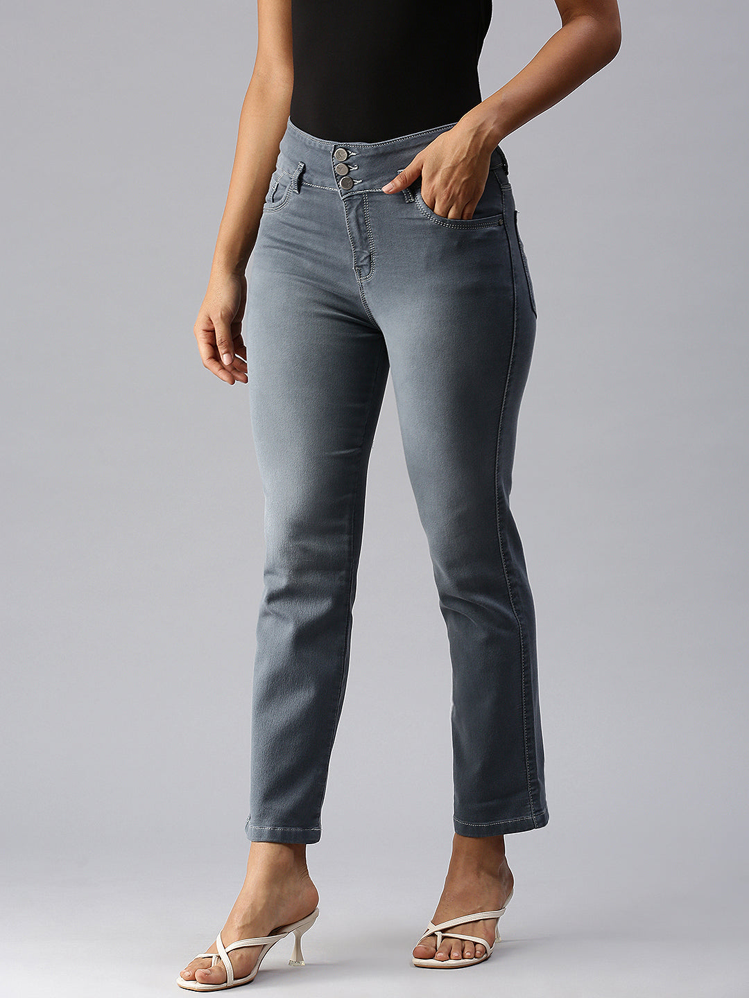 Women's Grey Straight Fit High-Rise Light Fade Stretchable Denim Jeans