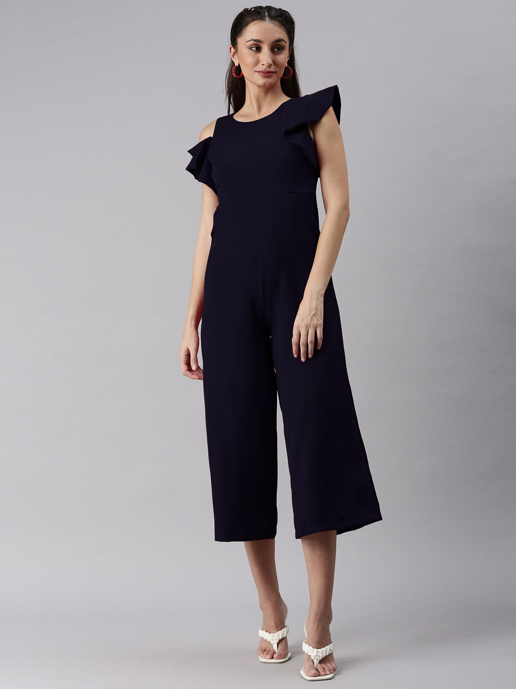 Women's Round Neck Navy Blue Solid Jumpsuit