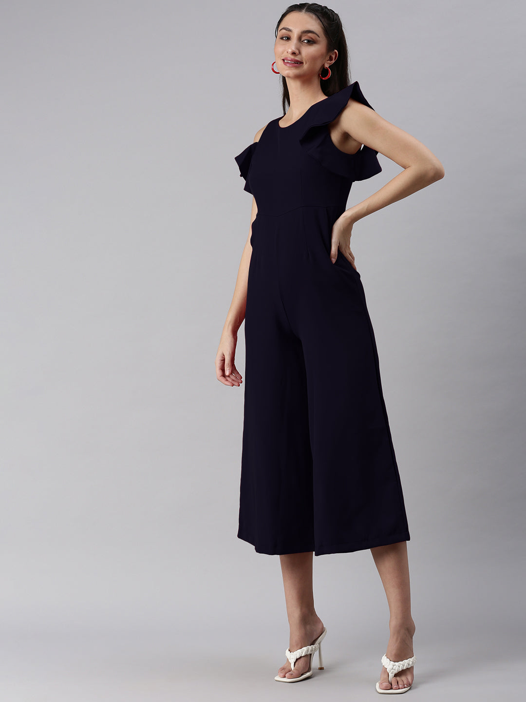 Women's Round Neck Navy Blue Solid Jumpsuit