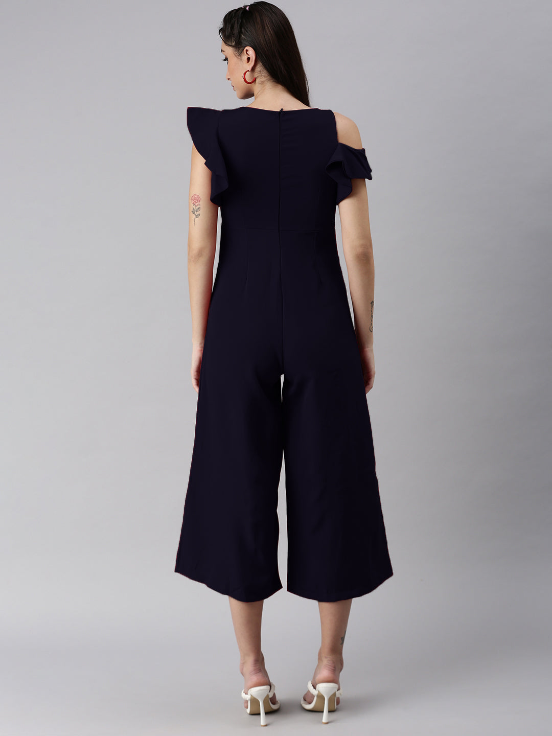 Women's Round Neck Navy Blue Solid Jumpsuit