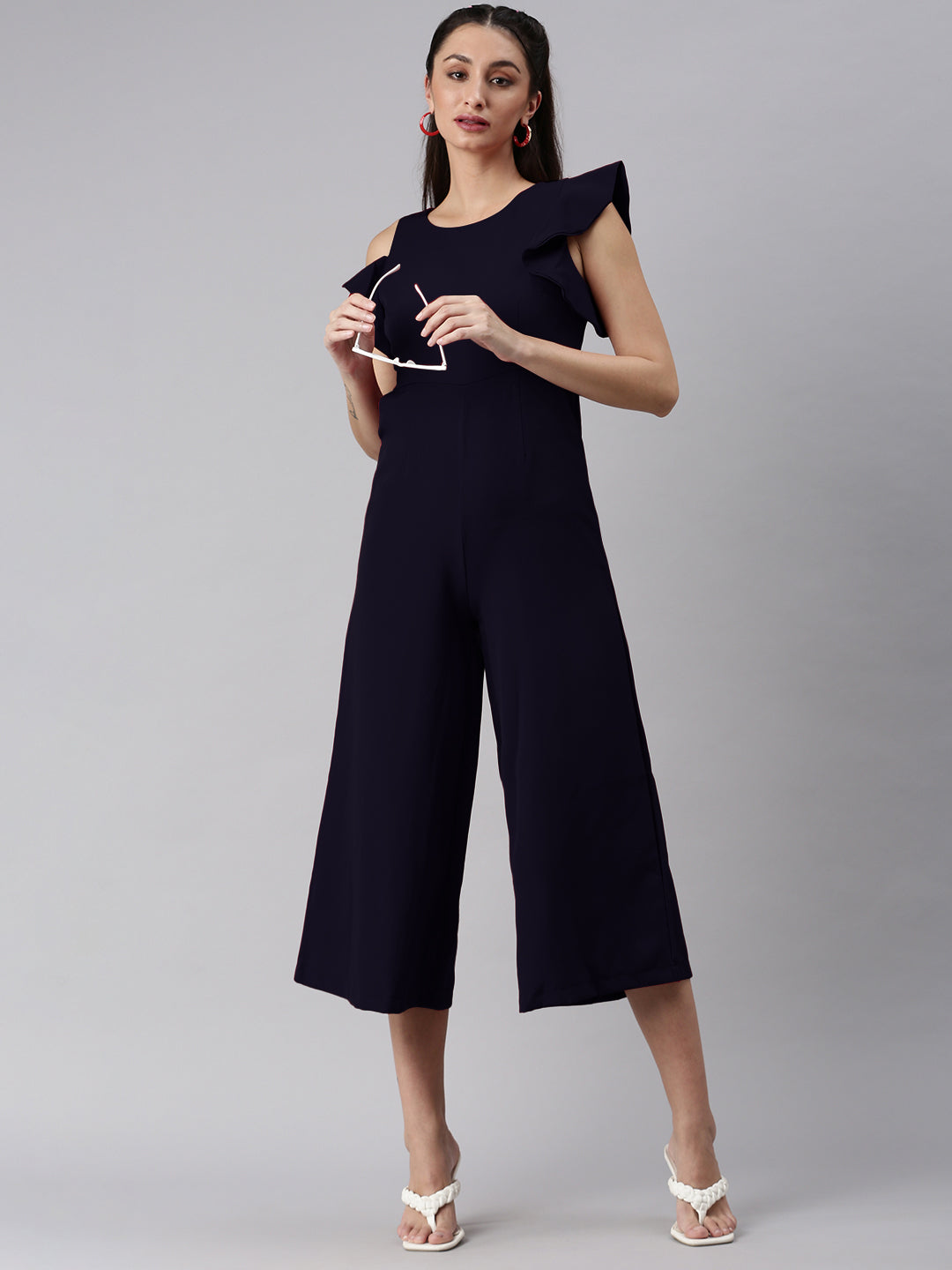 Women's Round Neck Navy Blue Solid Jumpsuit