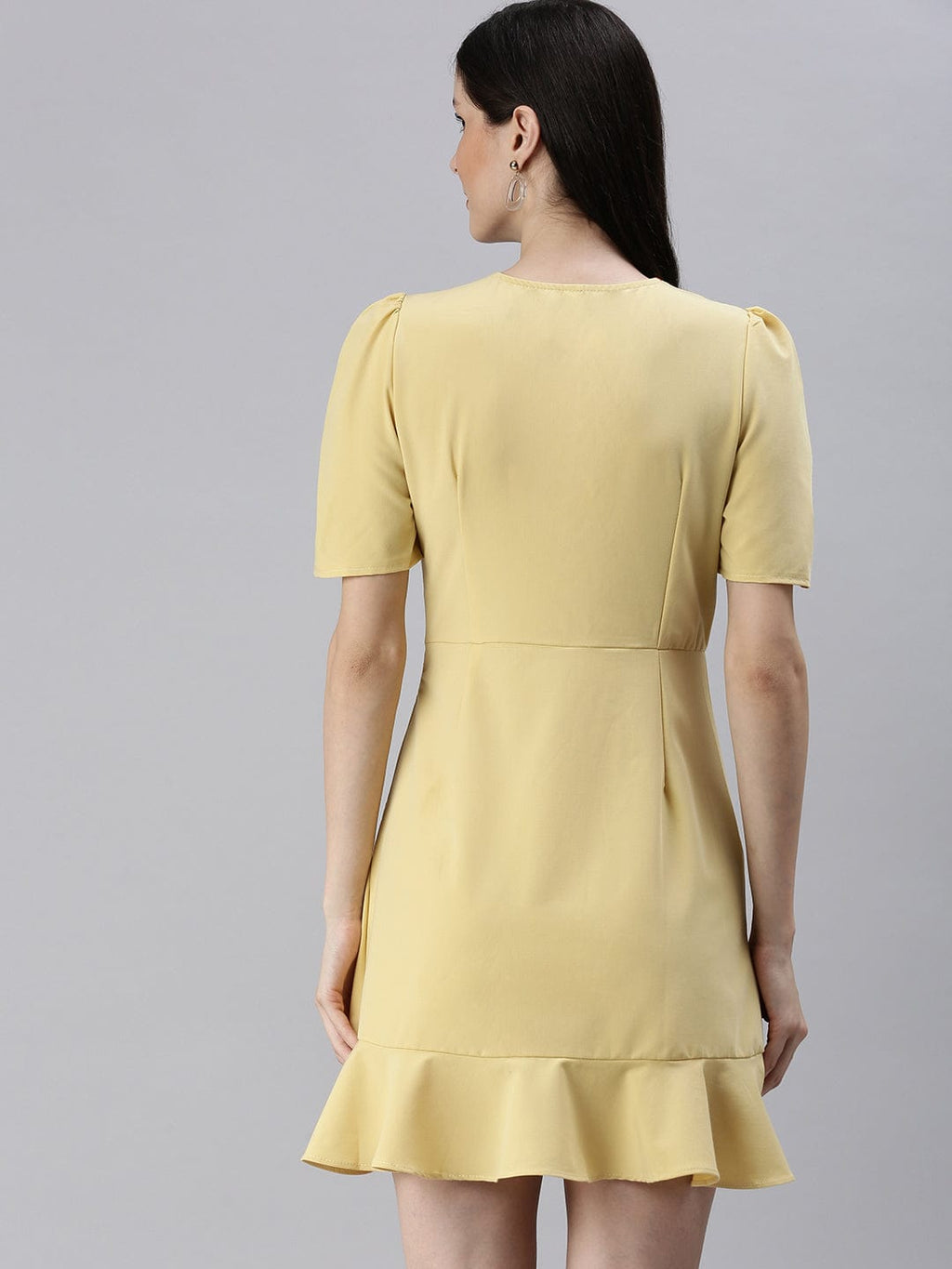 Women's V-Neck Solid A-Line Yellow Dress