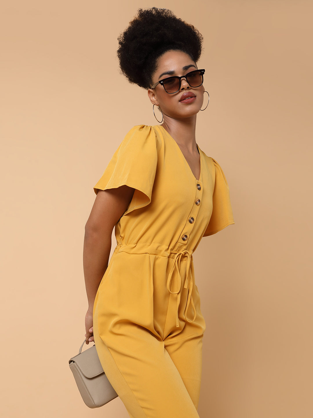 Women's Yellow Solid Polyester Basic Jumpsuit