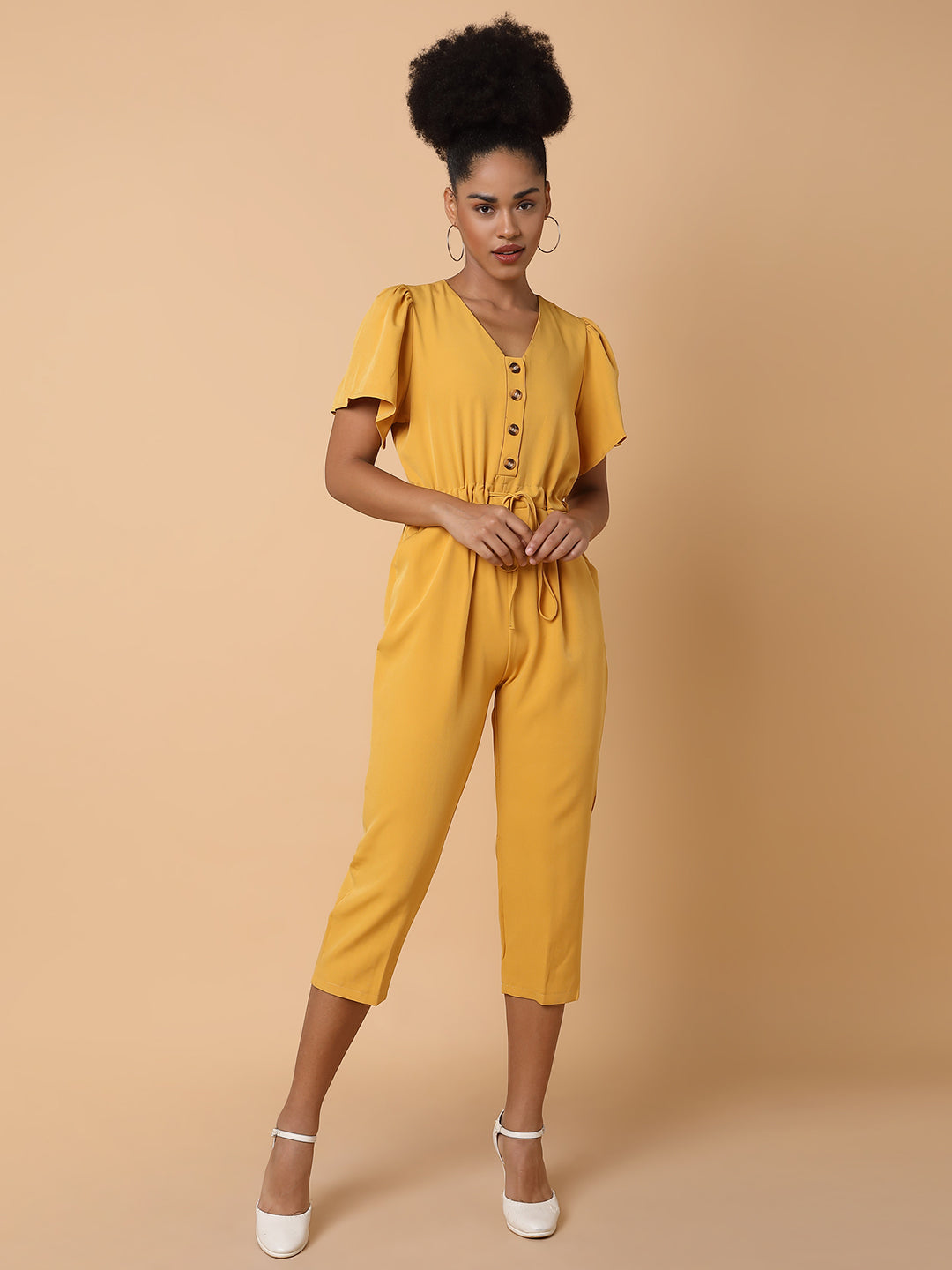 Women's Yellow Solid Polyester Basic Jumpsuit