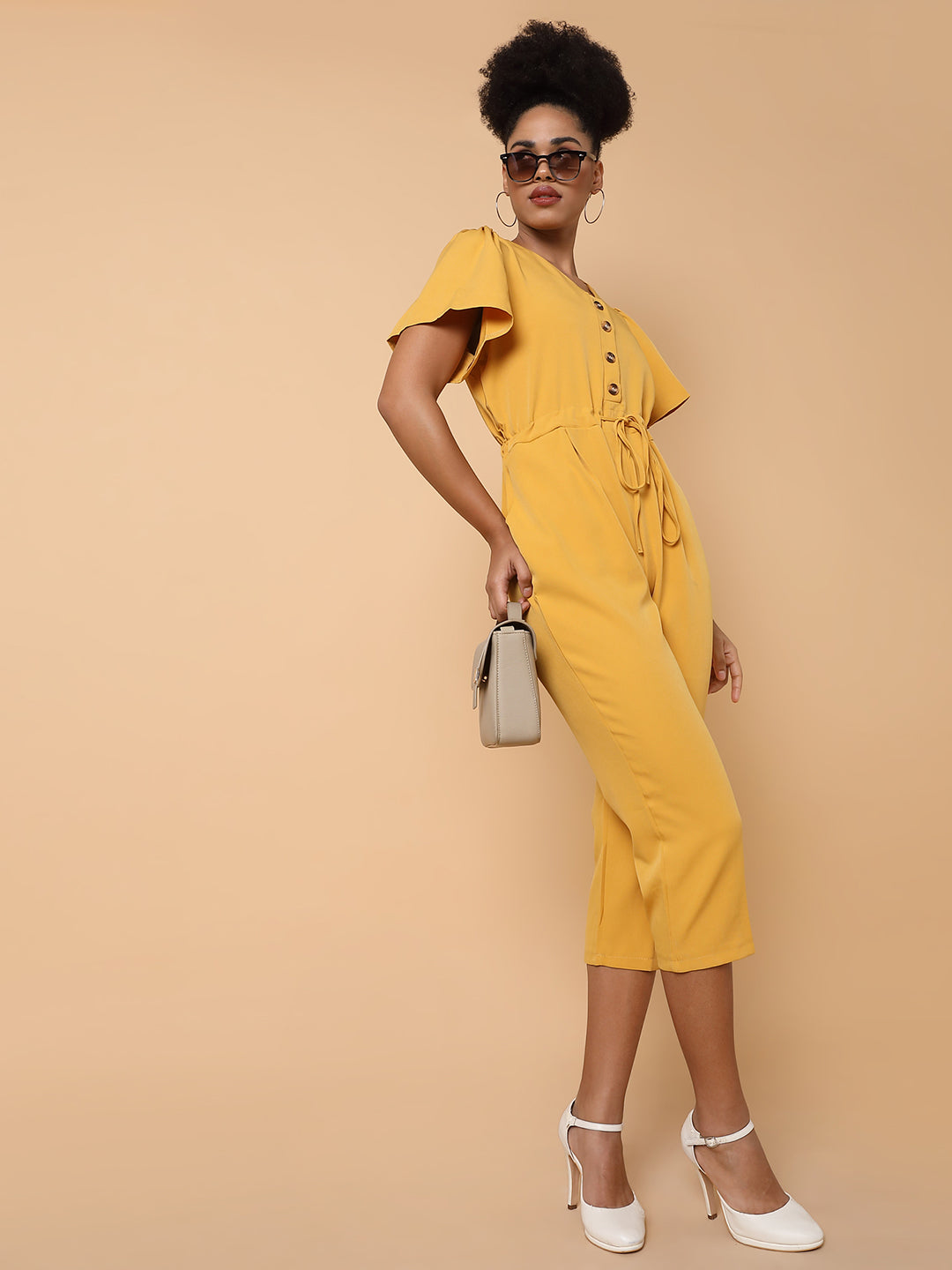 Women's Yellow Solid Polyester Basic Jumpsuit