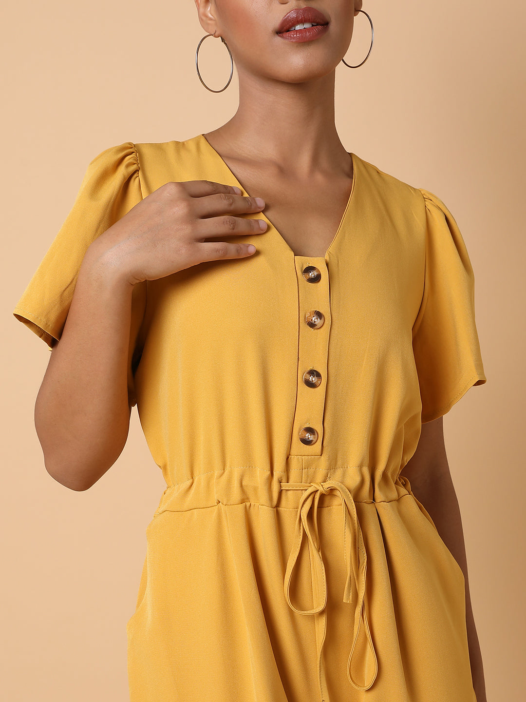 Women's Yellow Solid Polyester Basic Jumpsuit