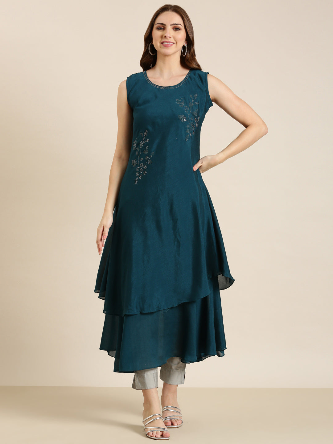 Women's Teal Embellished Beads & Stones A-Line Georgette Kurta