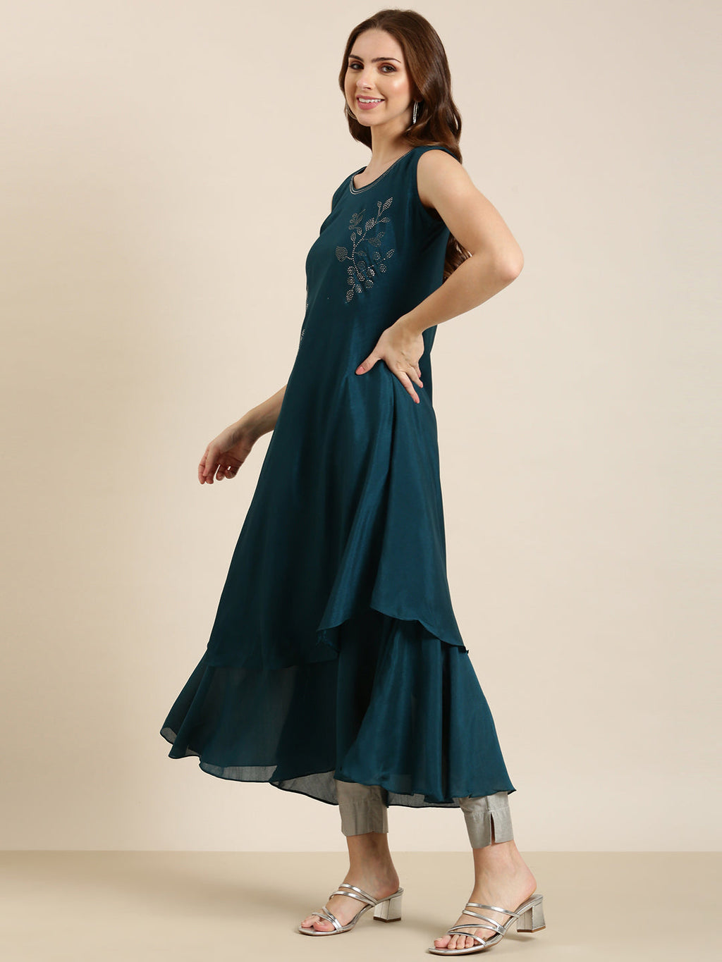 Women's Teal Embellished Beads & Stones A-Line Georgette Kurta