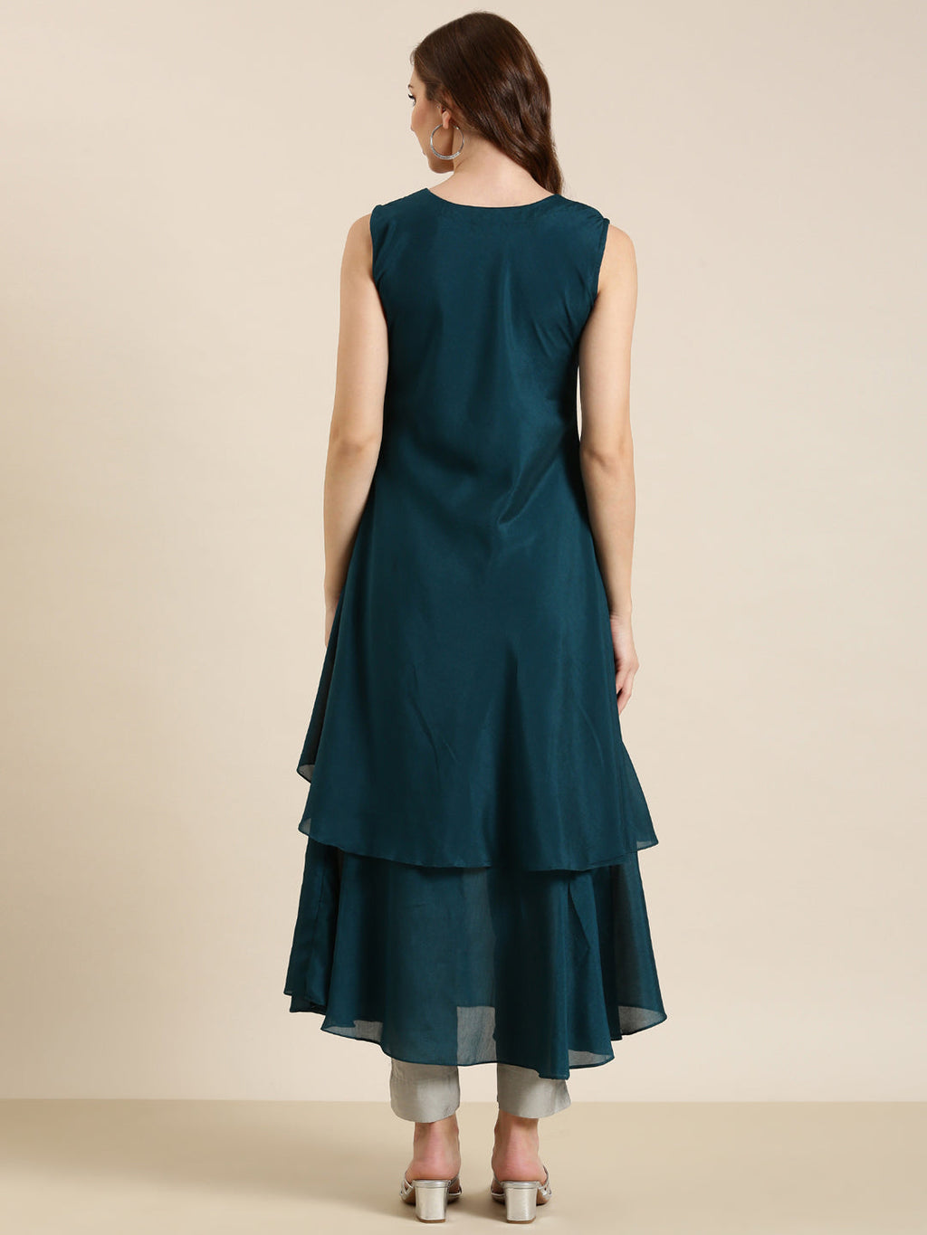 Women's Teal Embellished Beads & Stones A-Line Georgette Kurta
