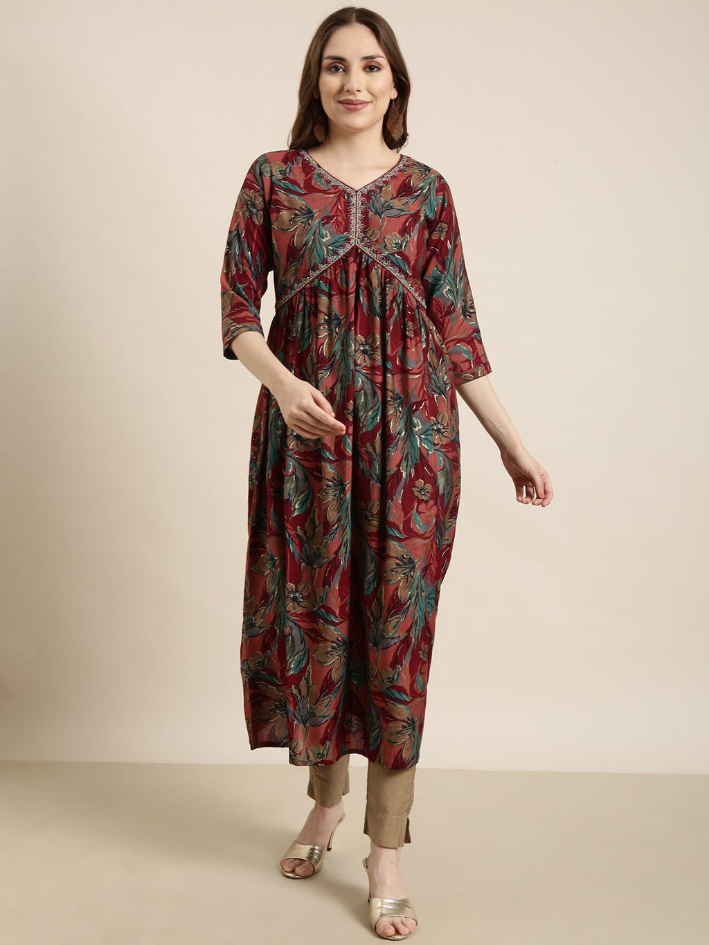 Women's Anarkali Maroon Floral Kurta