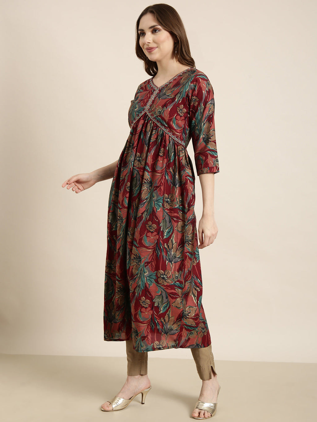 Women's Anarkali Maroon Floral Kurta