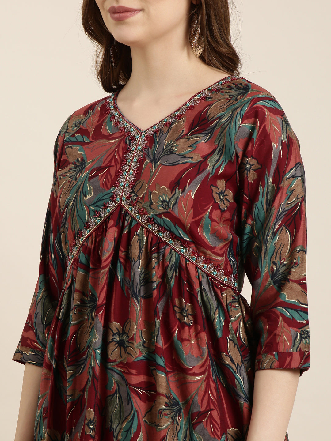 Women's Anarkali Maroon Floral Kurta
