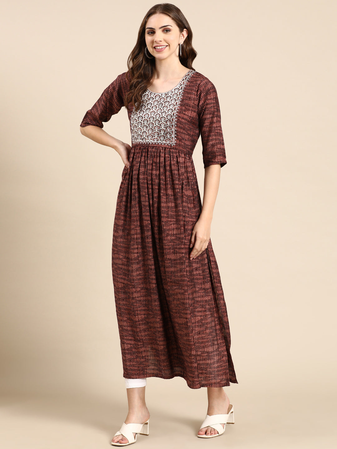 Women's Rust Abstract Printed Zari Anarkali Kurta