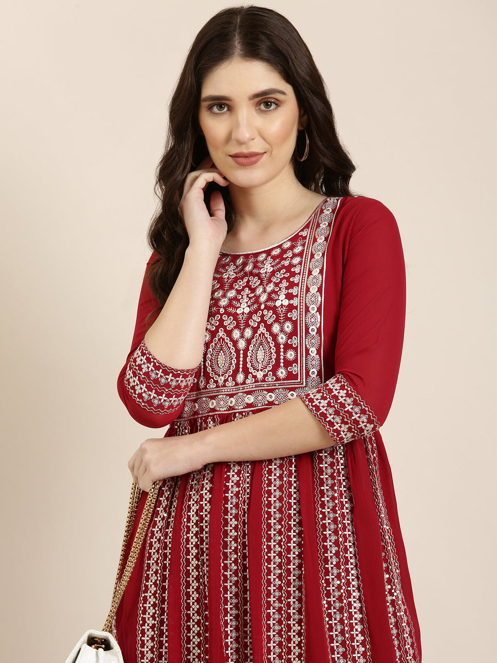 Women's Maroon Ethnic Motif Printed Anarkali Kurta