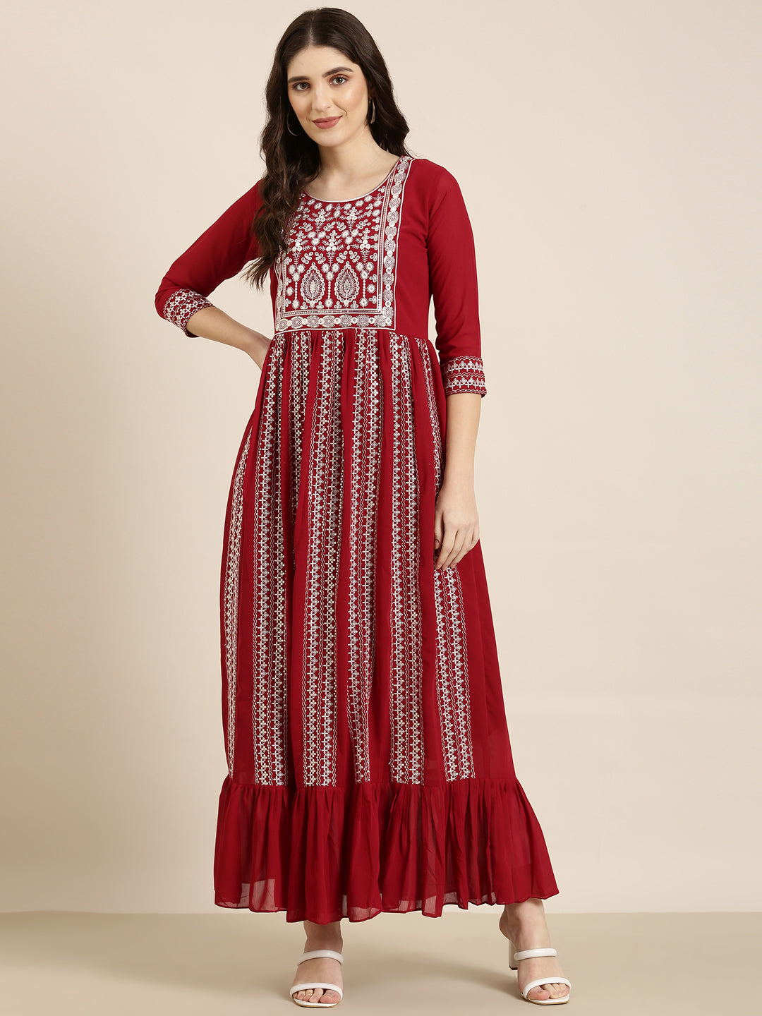 Women's Maroon Ethnic Motif Printed Anarkali Kurta