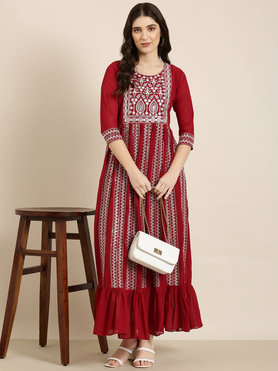 Women's Maroon Ethnic Motif Printed Anarkali Kurta