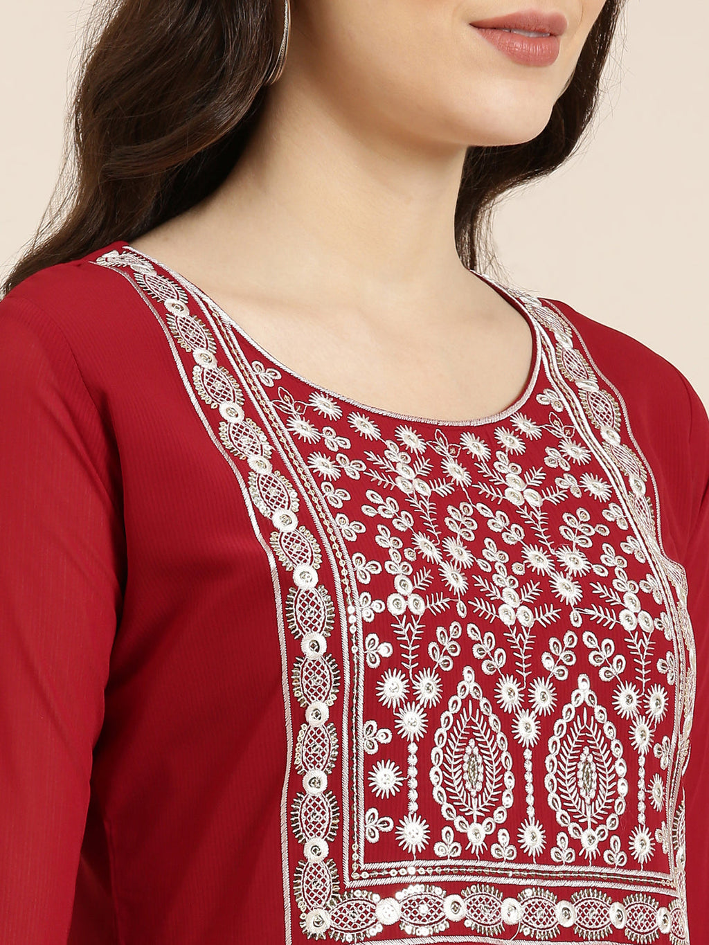 Women's Maroon Ethnic Motif Printed Anarkali Kurta