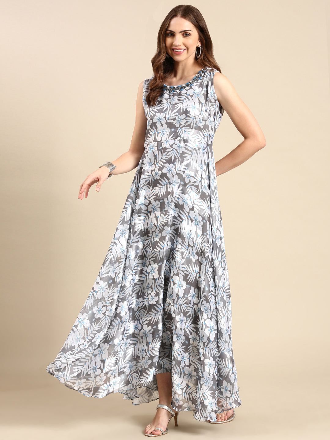 Women's Grey Floral Printed Chiffon Maxi Kurta