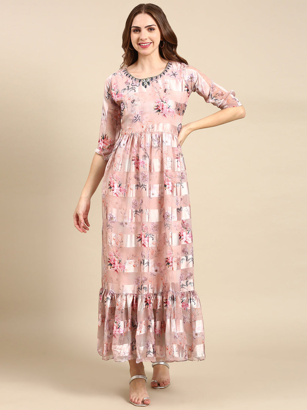 Women's Peach Floral Print Chiffon Maxi Kurta
