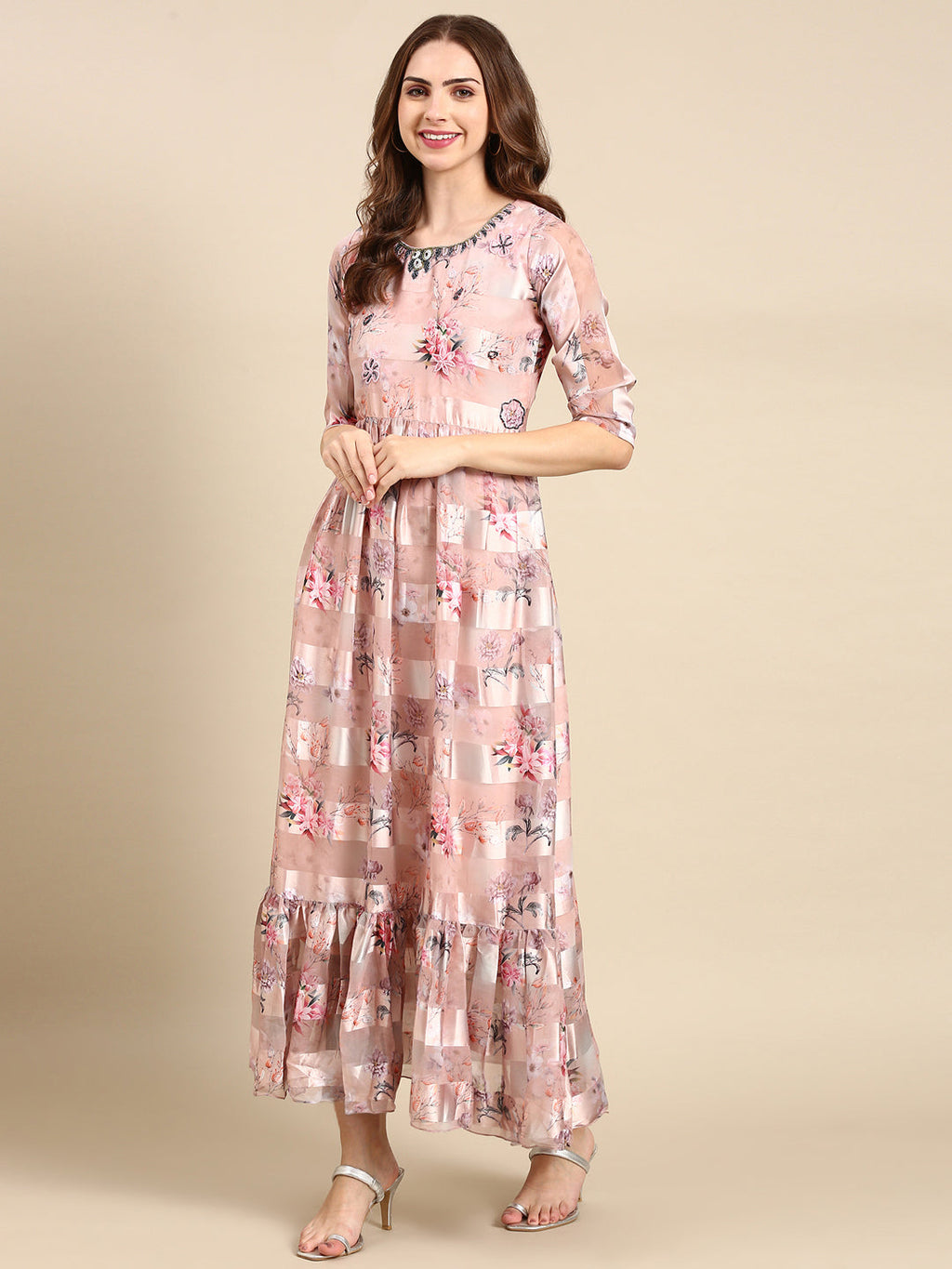 Women's Peach Floral Print Chiffon Maxi Kurta