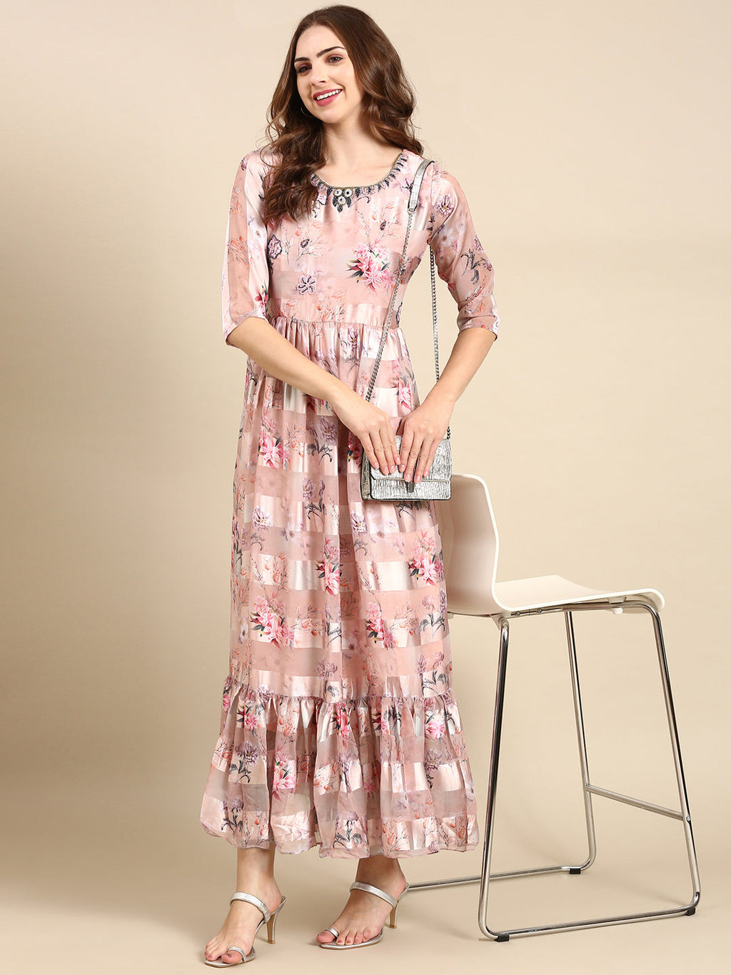 Women's Peach Floral Print Chiffon Maxi Kurta