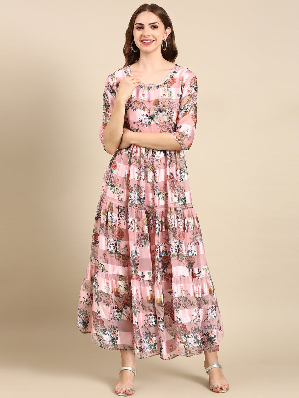 Women's Pink Floral Printed Chiffon Maxi Kurta