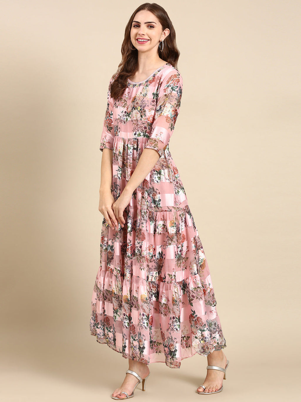 Women's Pink Floral Printed Chiffon Maxi Kurta