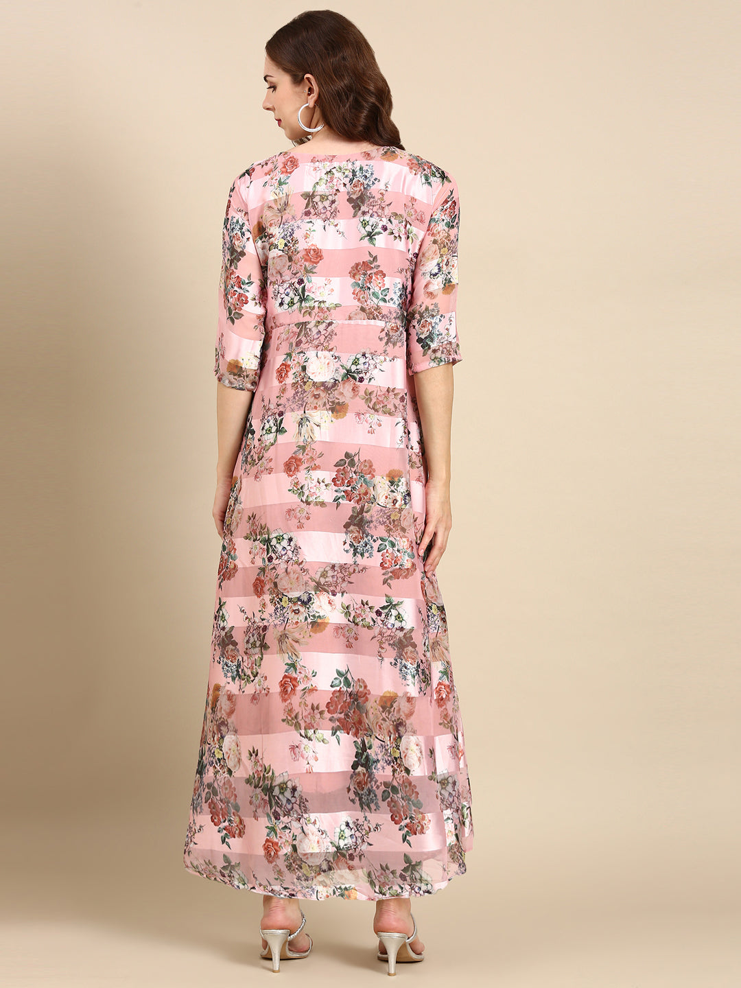Women's Pink Floral Printed Chiffon Maxi Kurta