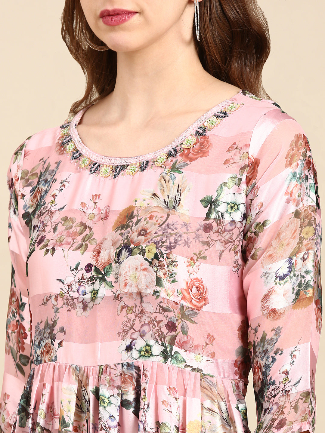 Women's Pink Floral Printed Chiffon Maxi Kurta