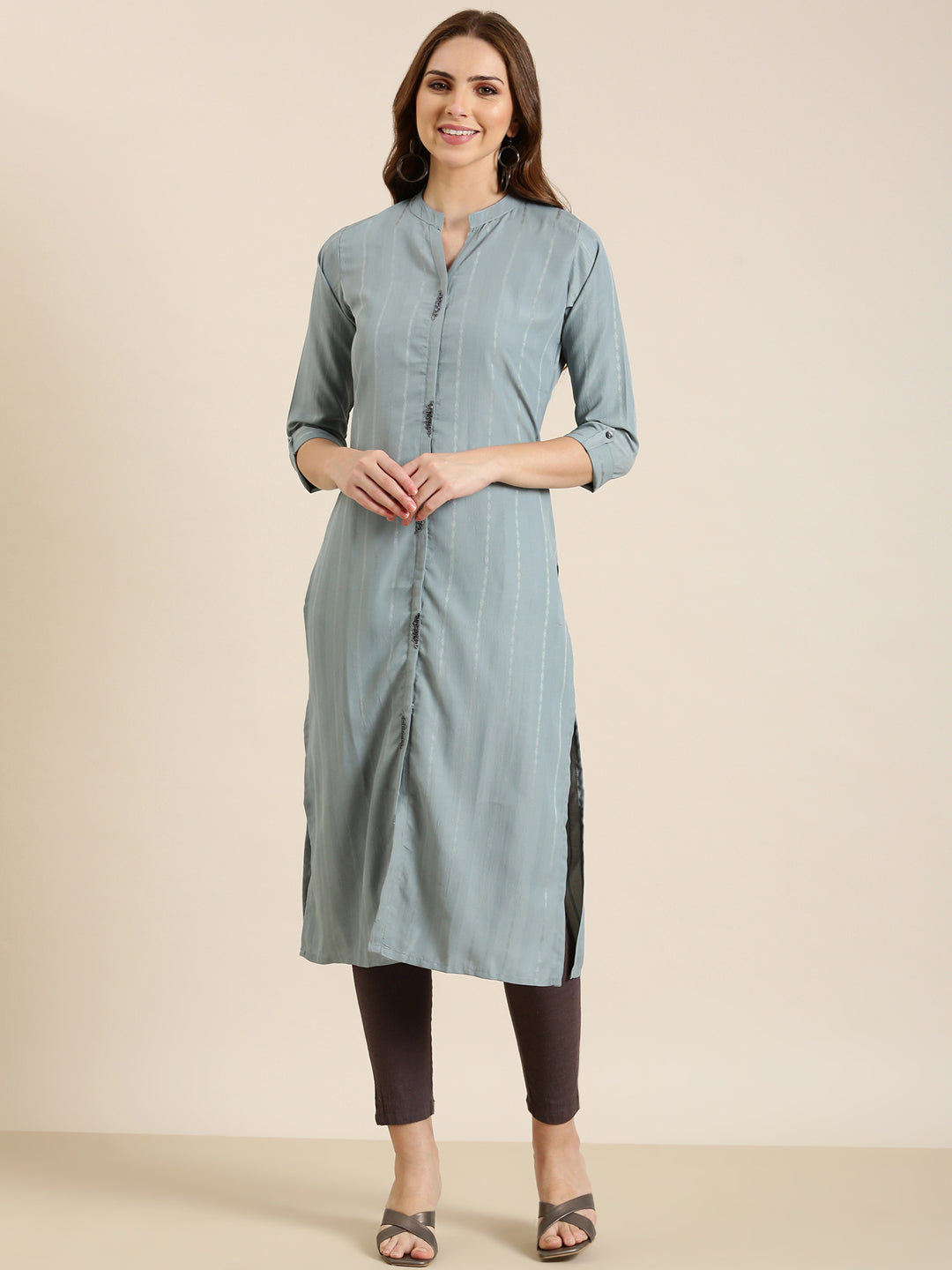 Women's Grey Striped Mandarin Straight Collar Kurta
