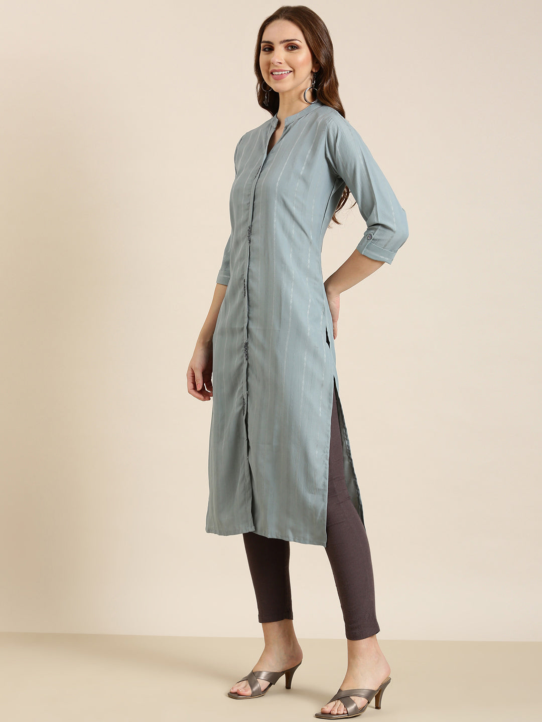 Women's Grey Striped Mandarin Straight Collar Kurta