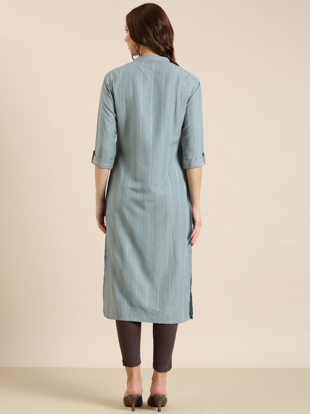 Women's Grey Striped Mandarin Straight Collar Kurta