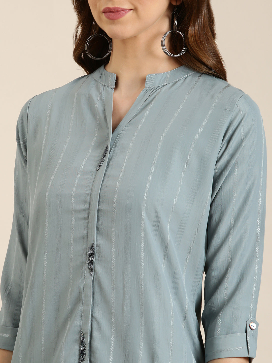 Women's Grey Striped Mandarin Straight Collar Kurta
