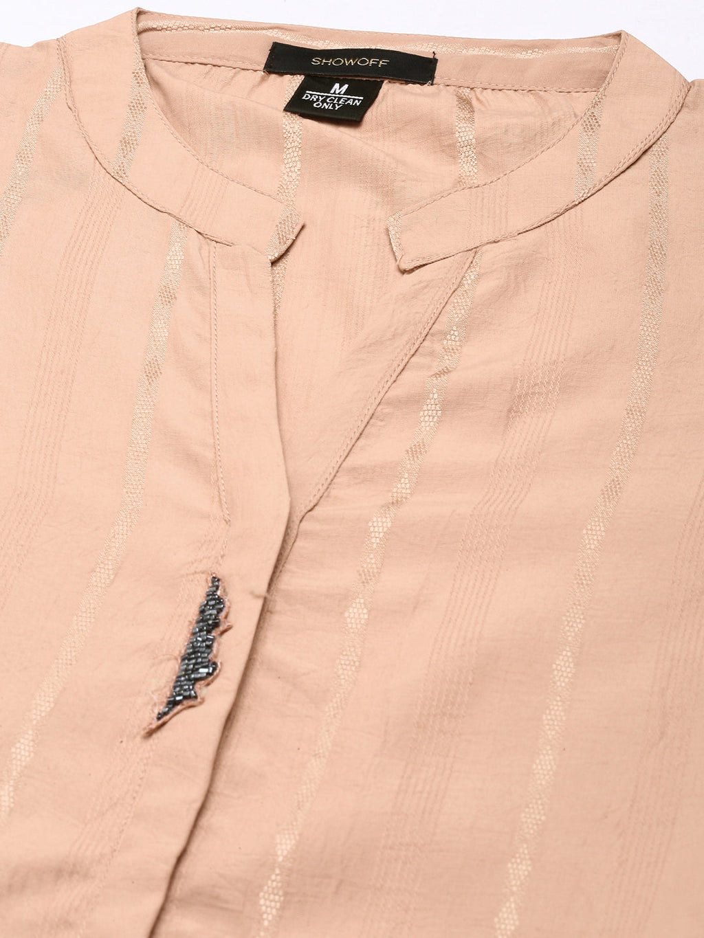 Women's Peach Striped Mandarin Collar Beads & Stones Straight Kurta