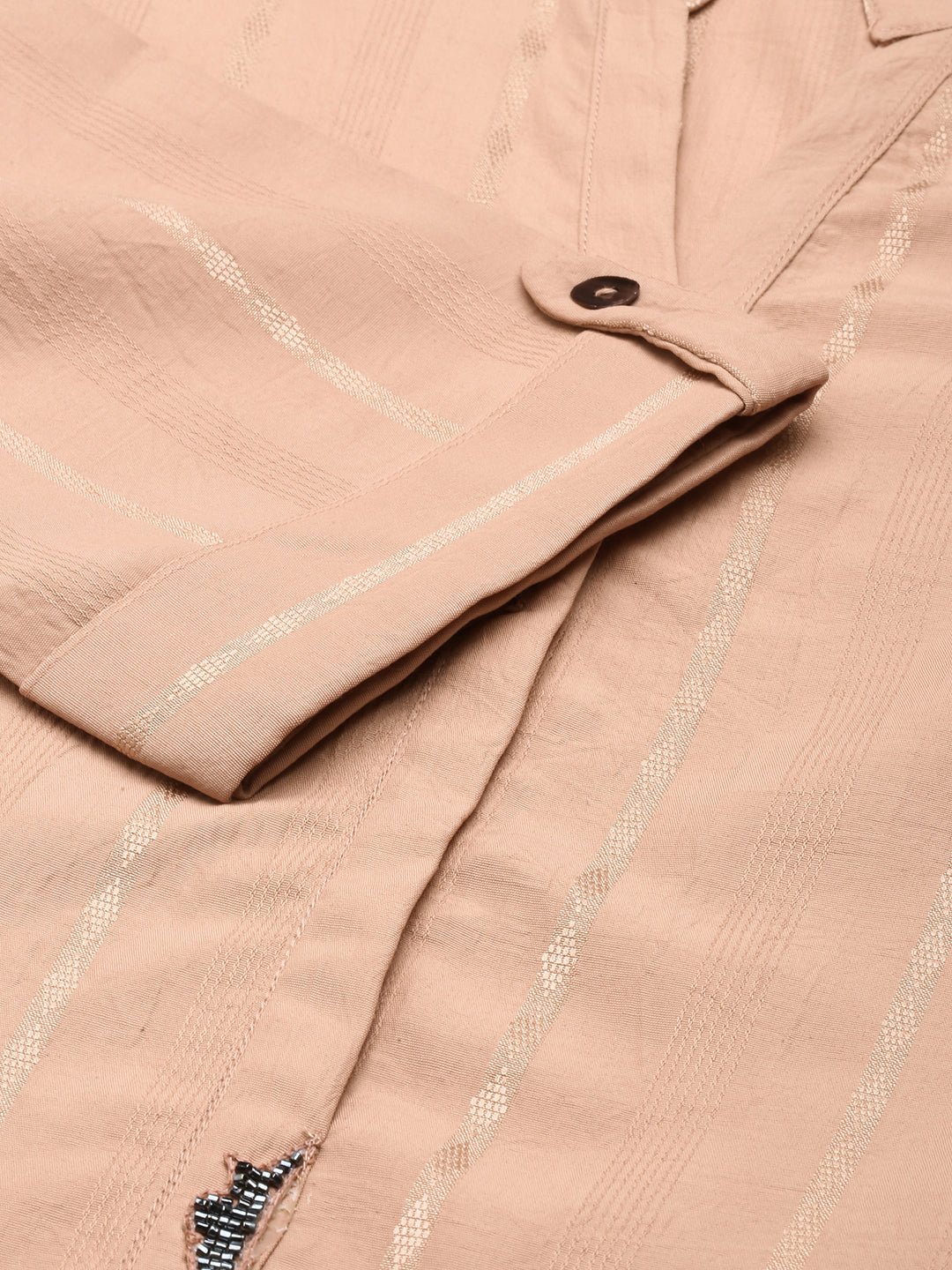 Women's Peach Striped Mandarin Collar Beads & Stones Straight Kurta
