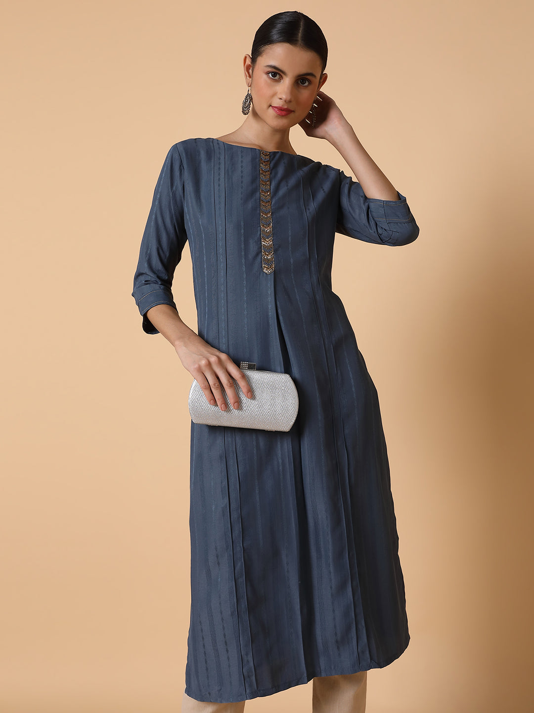 Women's Straight Grey Woven Design Kurta
