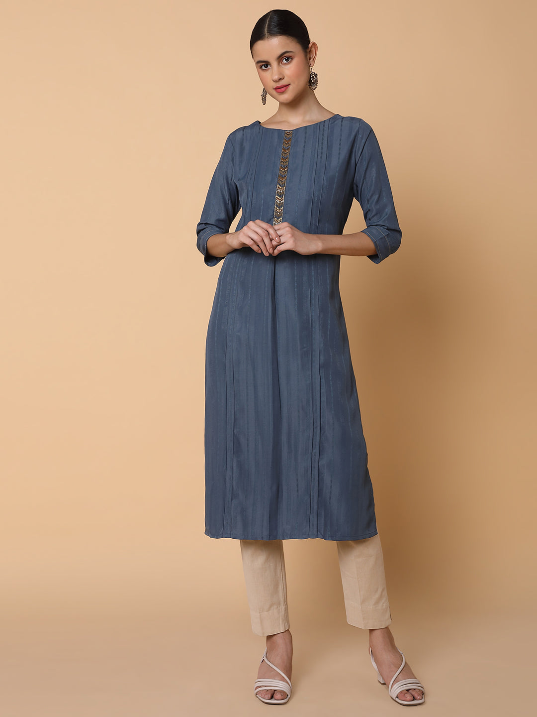Women's Straight Grey Woven Design Kurta