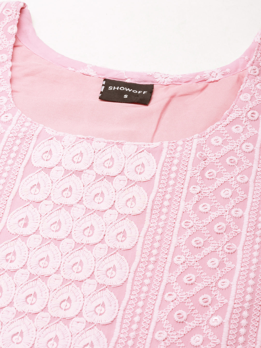 Women's Pink Ethnic Motif Embroidered Chikankari Straight Kurta