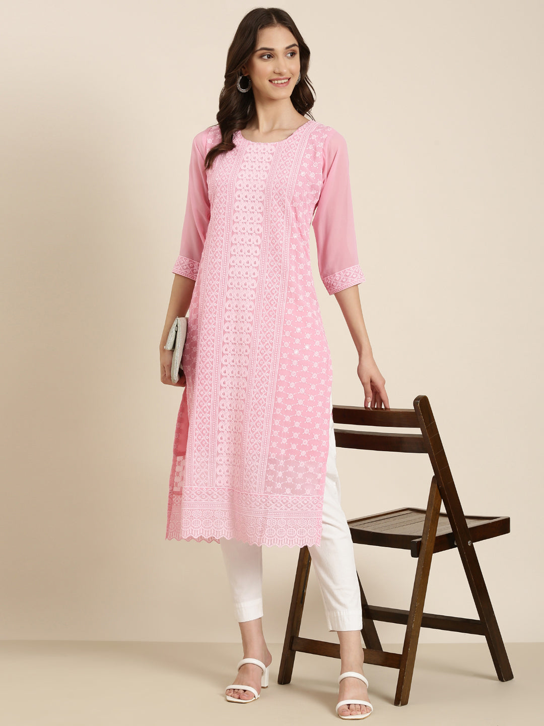 Women's Pink Ethnic Motif Embroidered Chikankari Straight Kurta