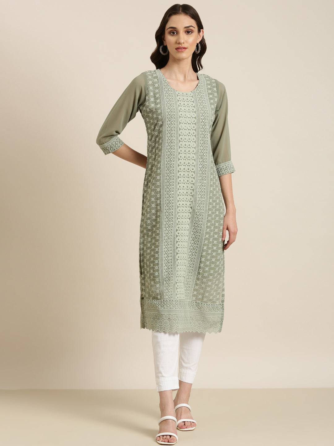 Women's Olive Embroidered Thread Work Straight Kurta