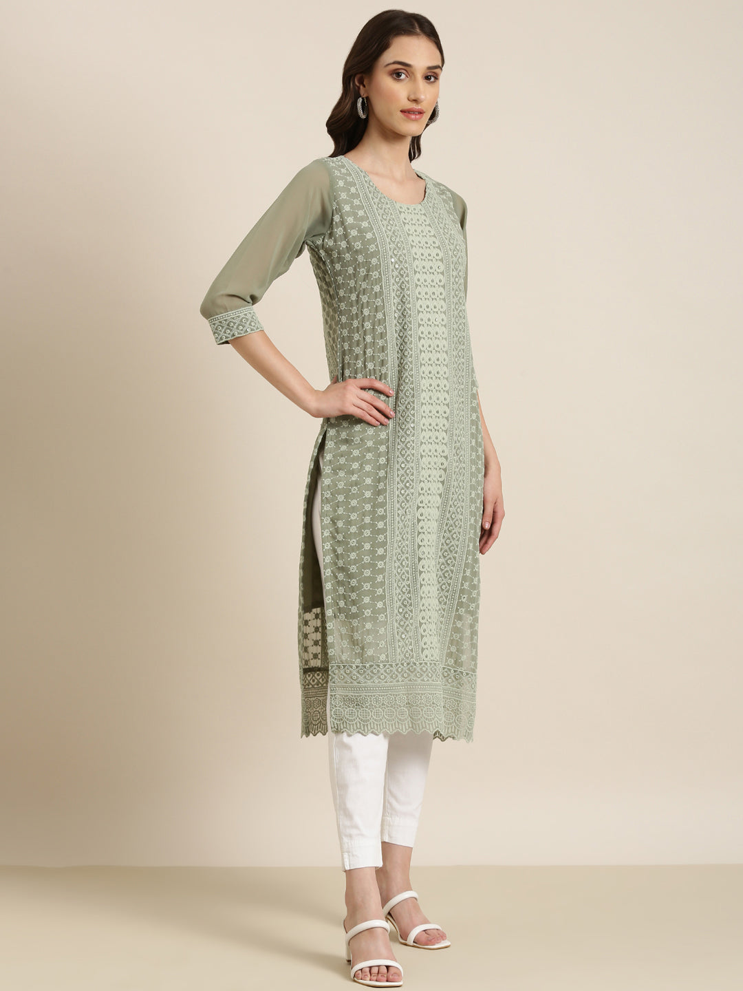 Women's Olive Embroidered Thread Work Straight Kurta