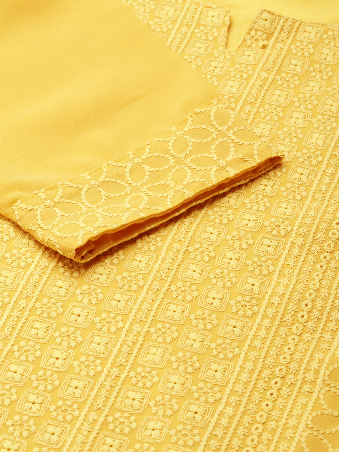 Women's Mustard Ethnic Motifs Embroidered Thread Work Straight Kurta